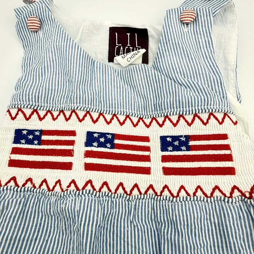 Lil Cactus Baby Smocked American Flag Seersucker Romper Blue White 18-24M